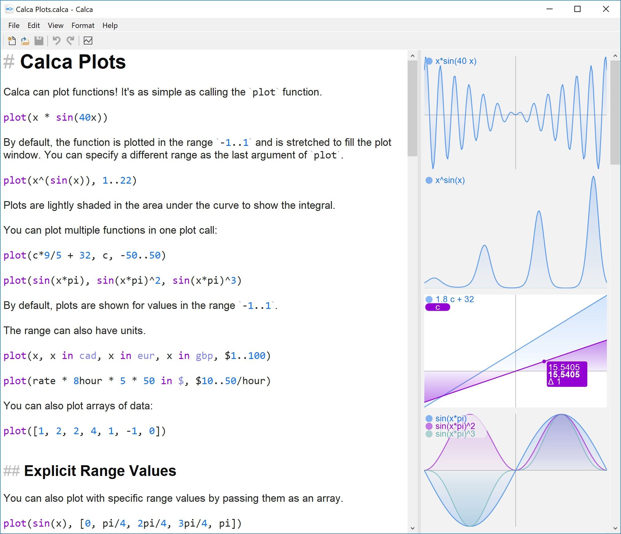 Calca is able to plot functions and data