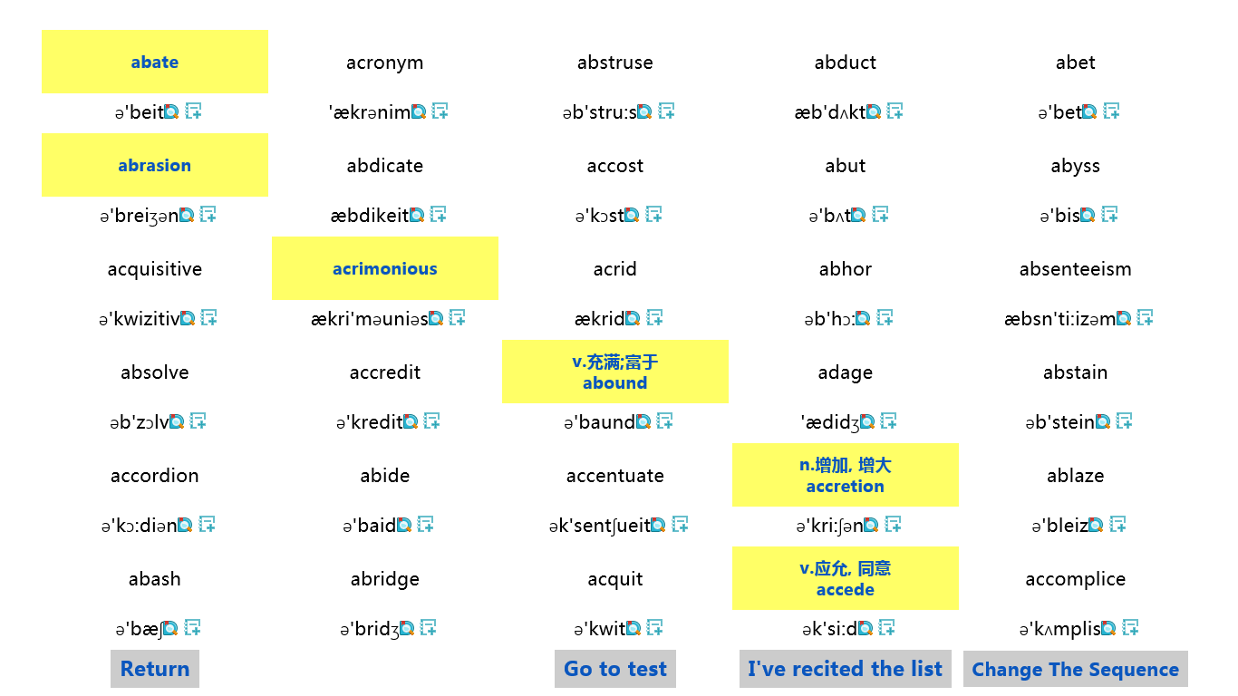 每次进入顺序改变。点击单词查看中文含义。2.5s后恢复英文。双击词汇发音！点击Change sequence改变每组单词顺序，避免位置记忆。