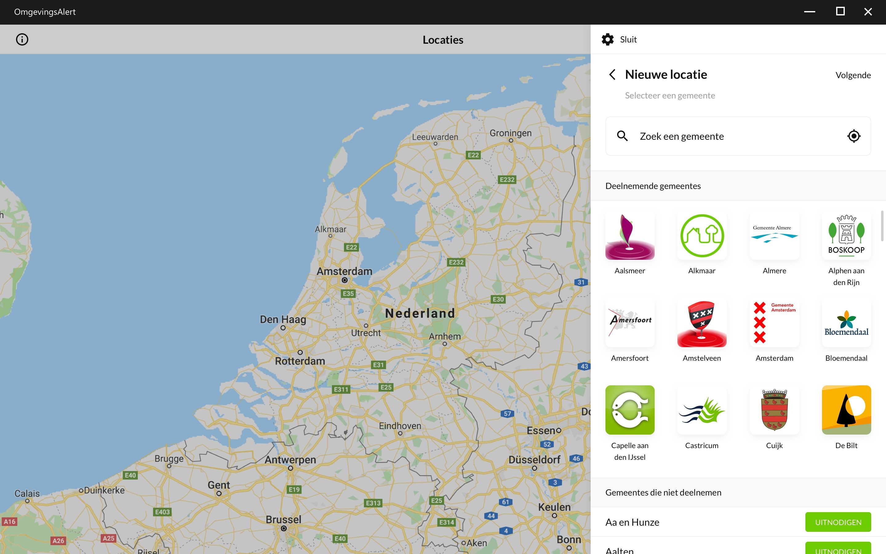 De app is beschikbaar in gemeentes die deelnemen aan OmgevingsAlert. Kijk in de app of op https://www.omgevingsalert.nl/app/aangesloten-gemeenten voor een actueel overzicht.