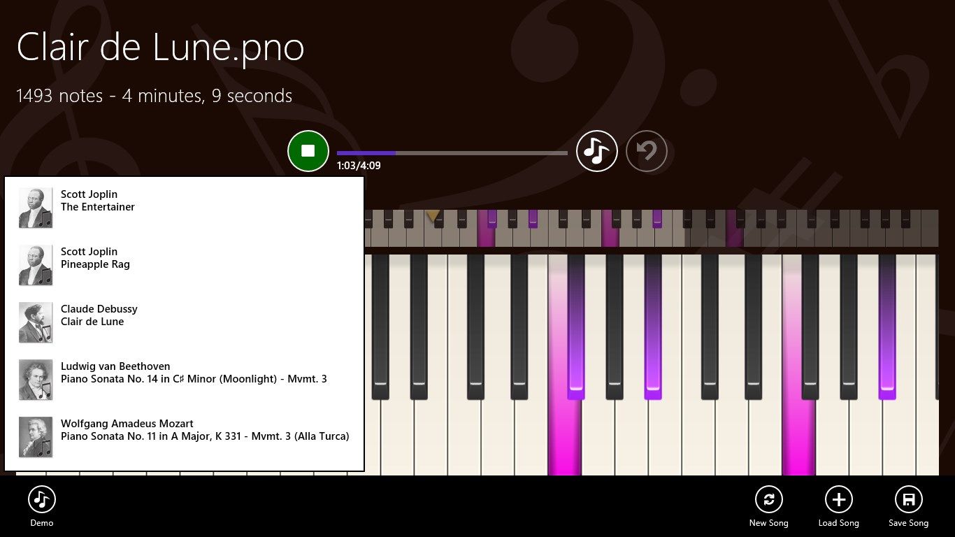 Save/load your own songs or try one of the built-in classical masterpieces