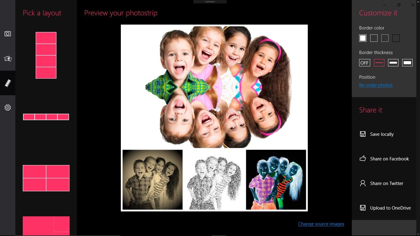 Build custom photo strips and share on Facebook, Twitter or OneDrive