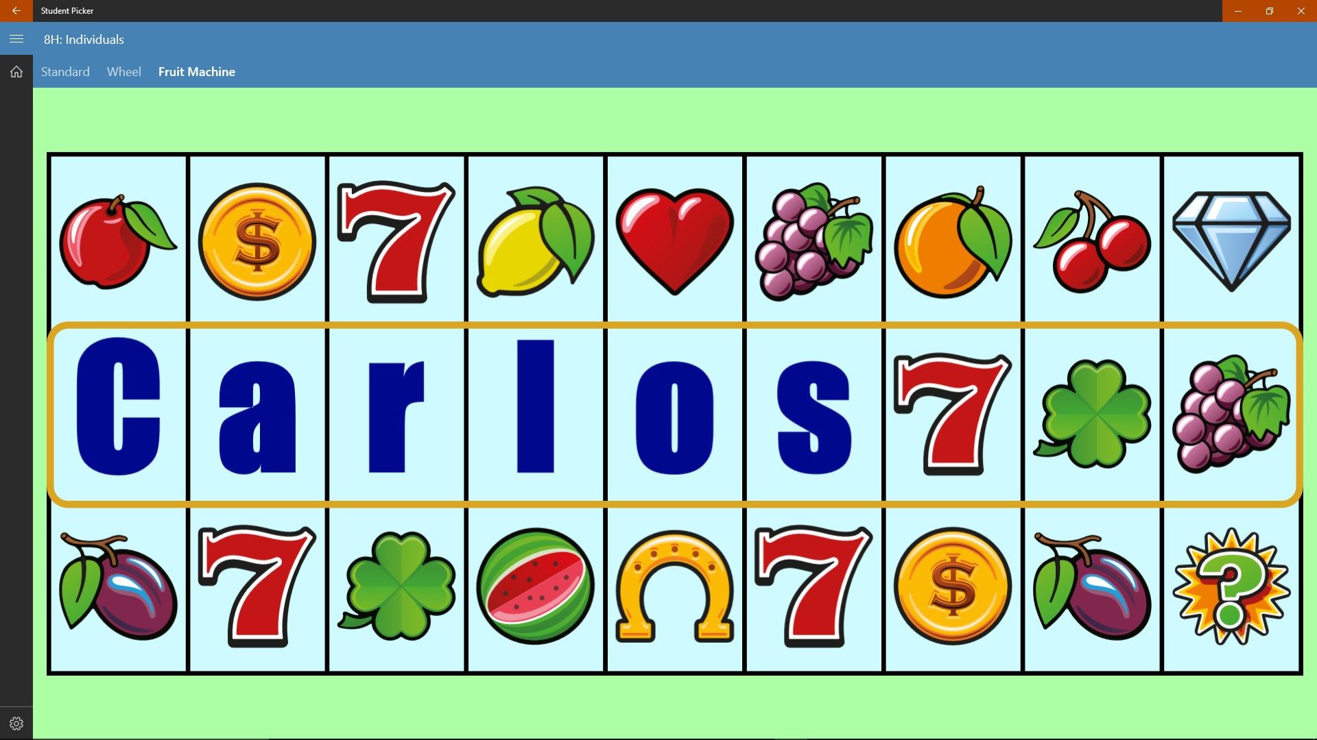 The fruit machine picker with fruit graphics selected