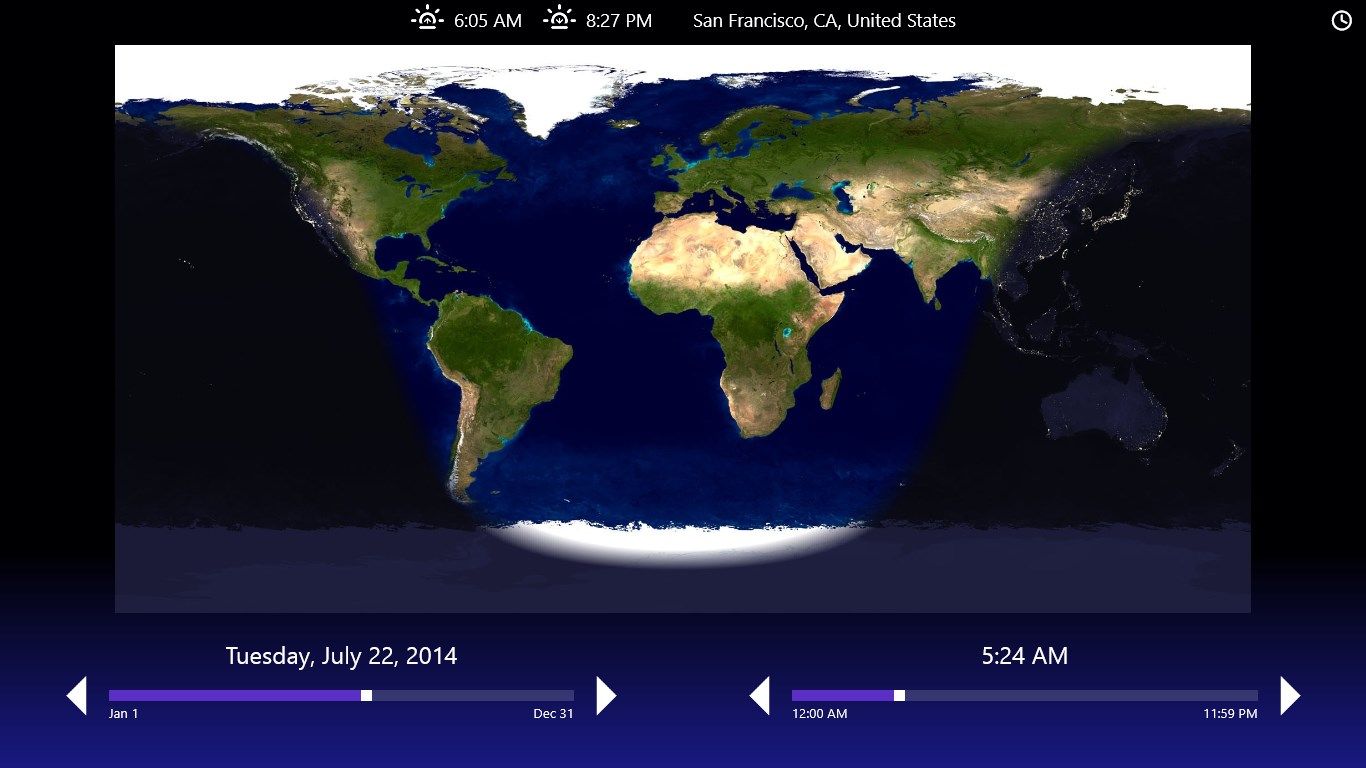 Main screen showing the regions of day light and night at a given date and time
