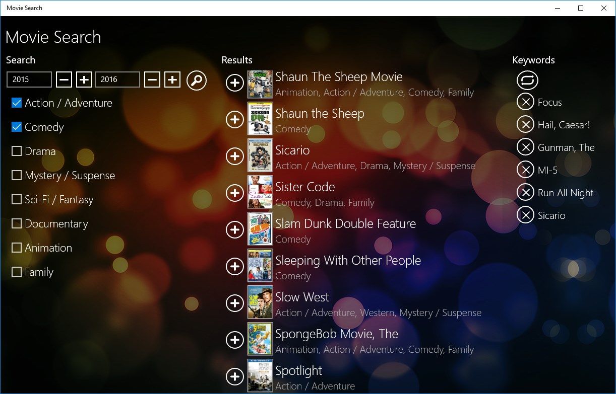 Windows 10 : Main view (with search results, and favorites list of movies)