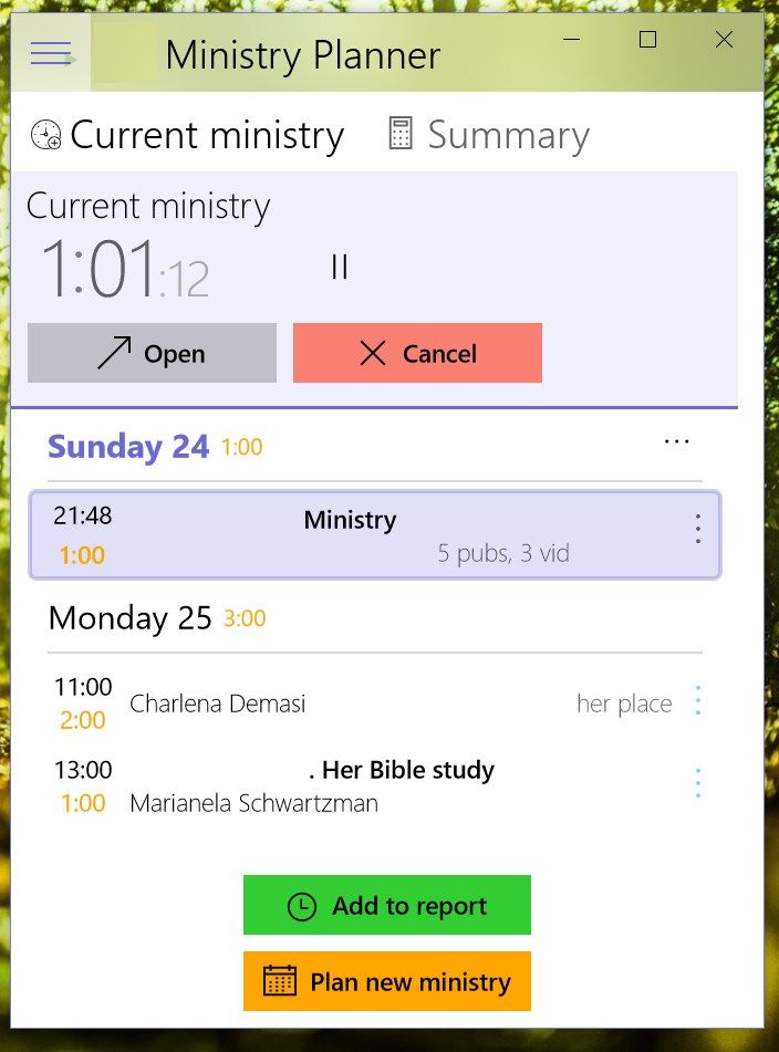 Your upcoming ministry, timer and report