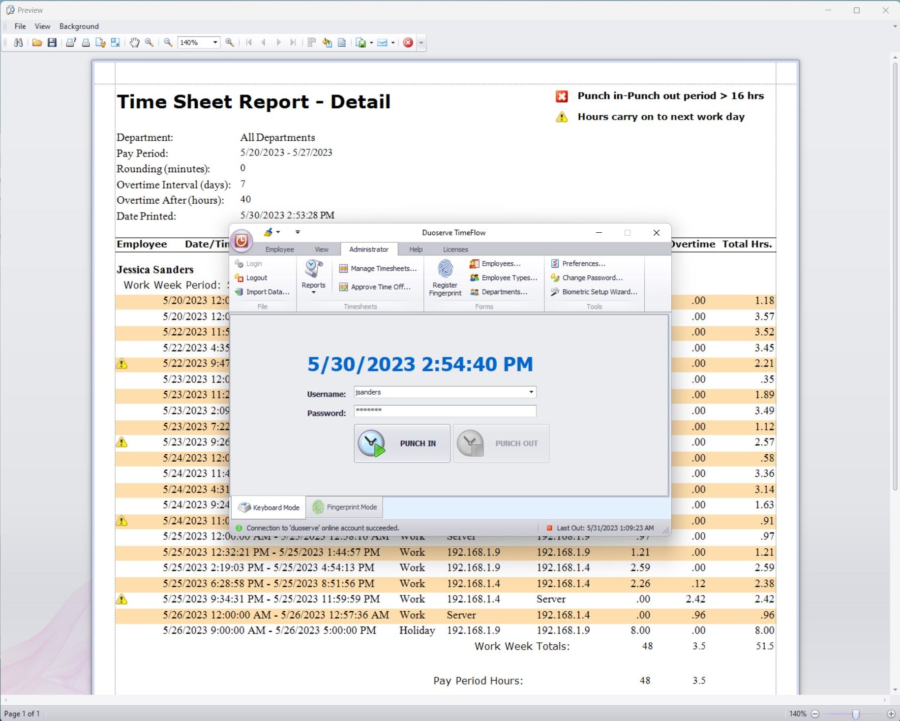 Time Clock Main Screen with Payroll Report