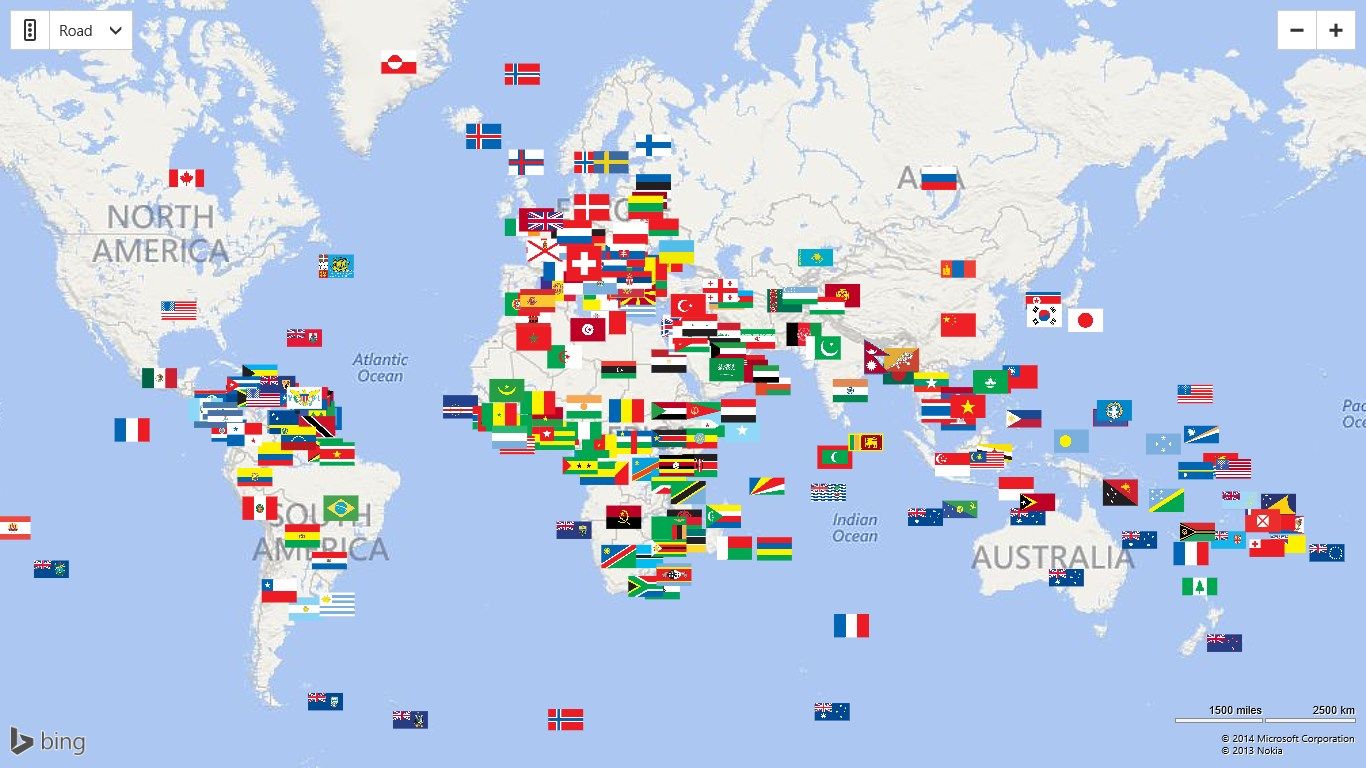 World countries and islands identified by their flags in the map