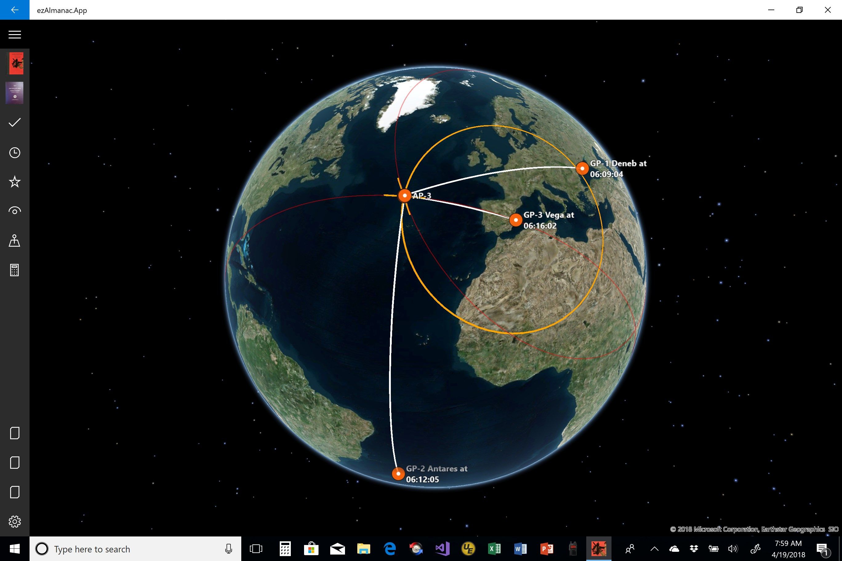 Screen displaying sight reduction plotting on a map.  Zoom out to see GP of each object with full "circle of position".  Zoom in to see normal sight reduction plot on the map.