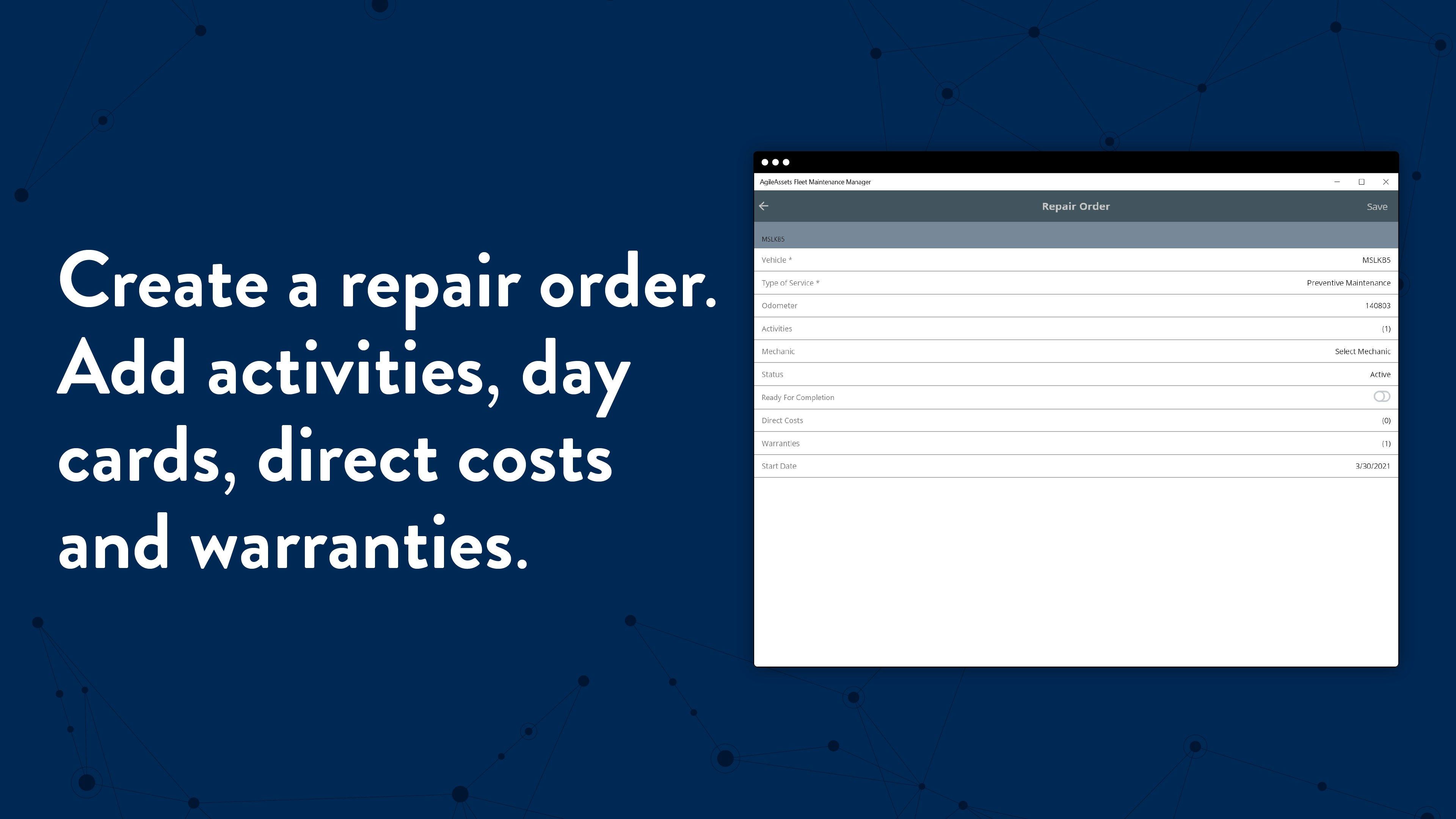 Create a repair order. Add activities, day cards, direct costs and warranties