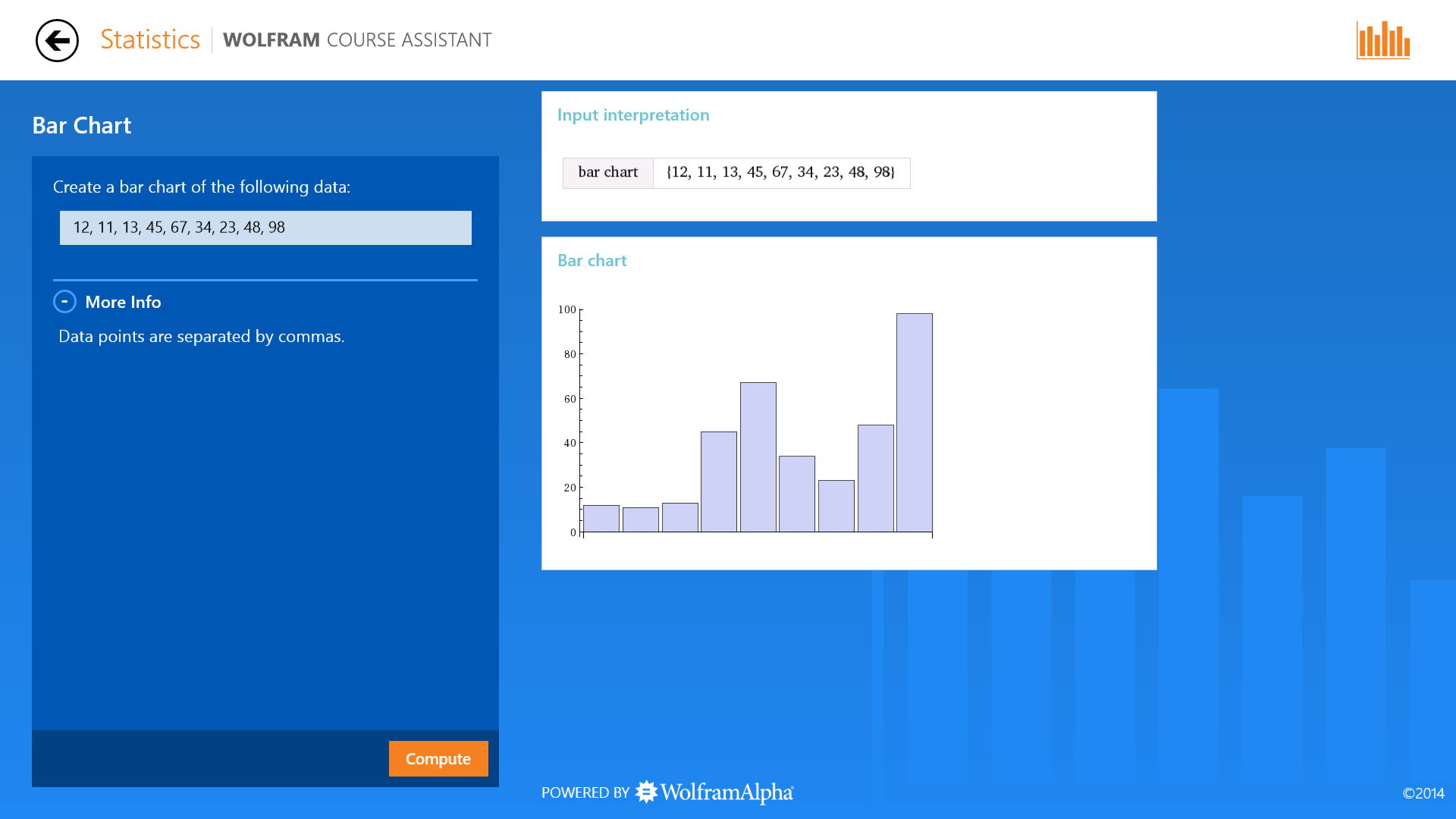 Create a bar chart, histogram, or scatter plot of any set of data.