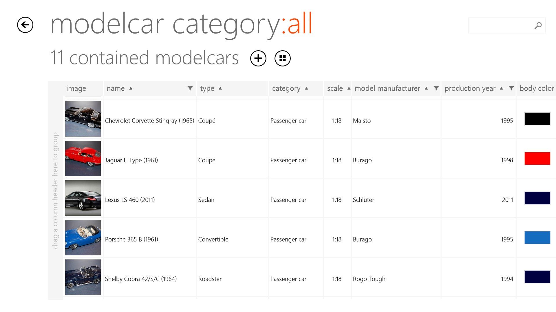 Overview of the model car category "all" as table listing