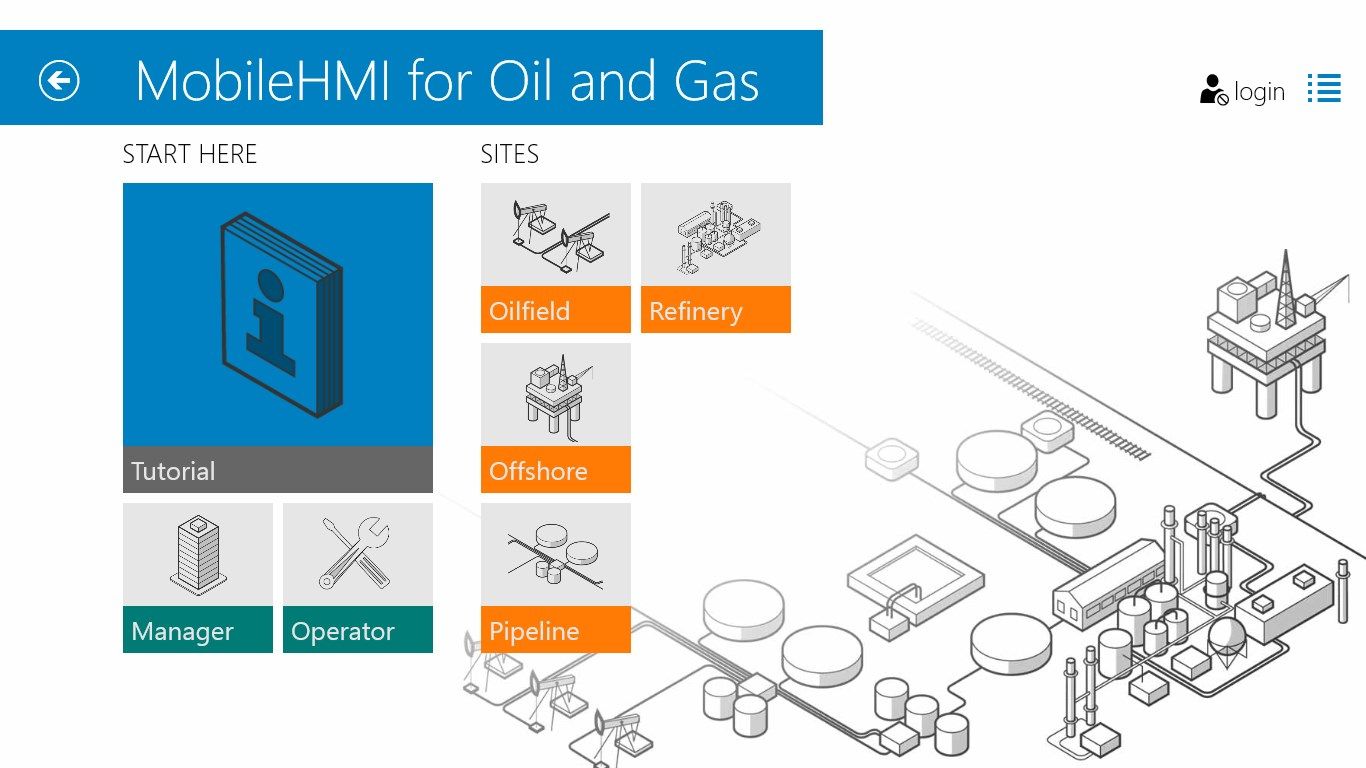 MobileHMI for Oil and Gas AppHub Start Screen