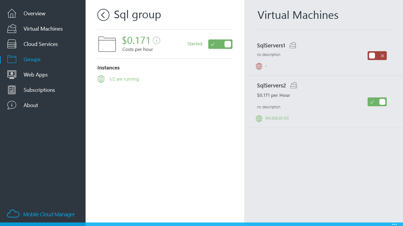 Group your VMs independently from cloud services and start/stop them simultaneously