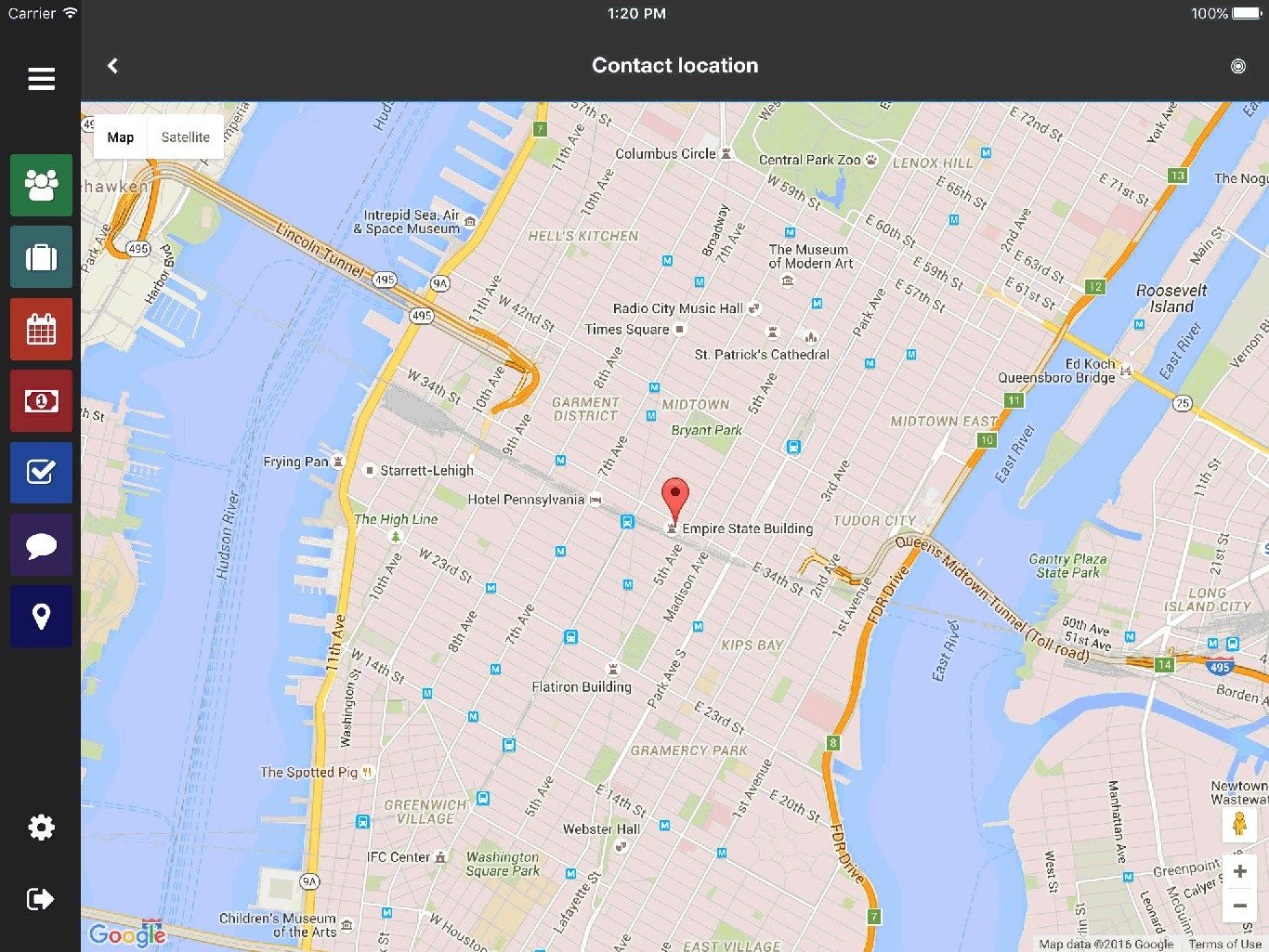 Map location - Integrate with with your mapping service and easily find contacts and companies around them