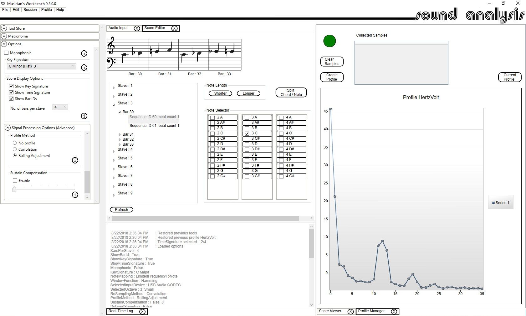Musician's Workbench showing profile manager and score editor tools