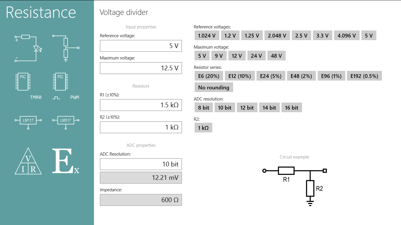 Voltage divider calculation in full screen