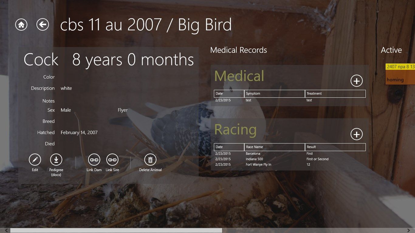 View animal screen allows for adding medical records, race results and shows offspring and parentage.