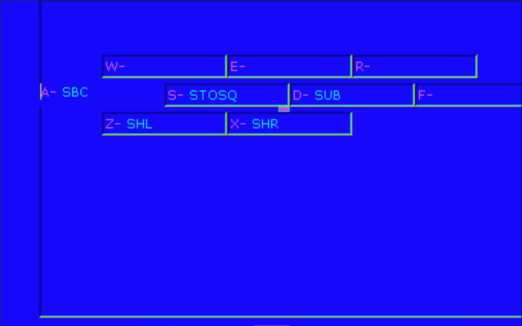 In this example, the S key was pressed at the beginning of an empty line. It demonstrates the shortcut for writing commands. If the S key would pressed again, it would write STOSB. Instructions can be added/changed as well.