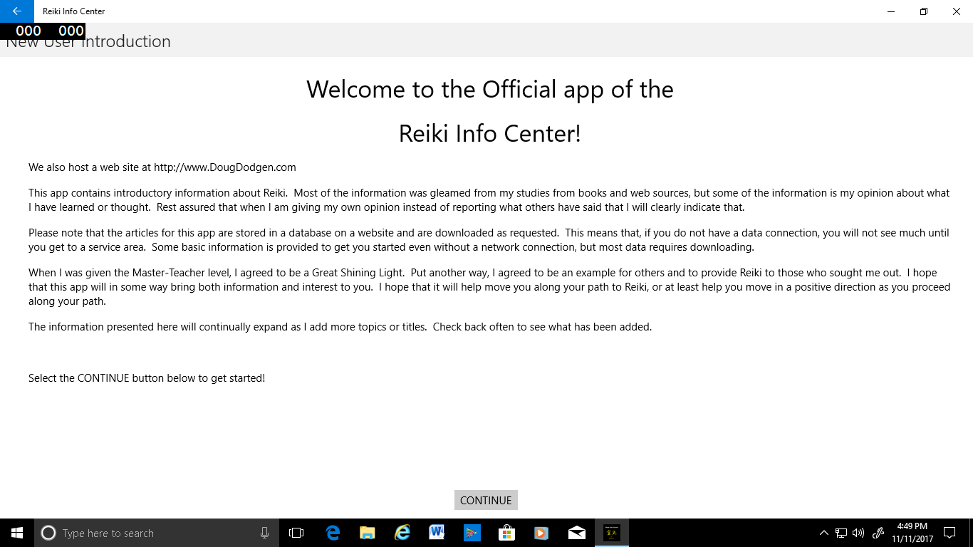 The Welcome screen displaying basic information about the purpose of the app.