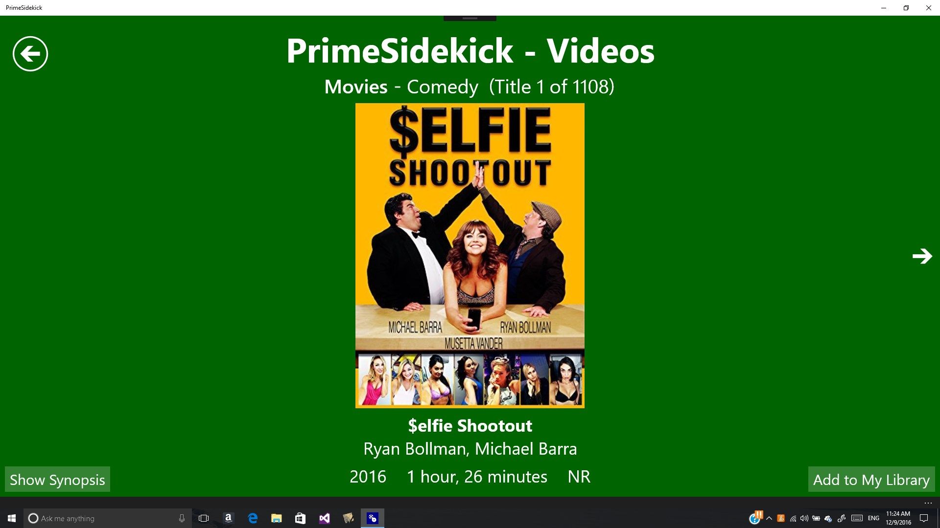 Video title details screen showing information about the selected title. The users can use the arrows on the left and right side of this screen to switch to the previous or next title, respectively.
Tapping (or clicking) on the title image will bring up the Amazon web page for the title.