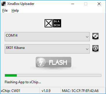 By clicking FLASH, XinaBox Uploader will first download your chosen app, then flash it to your xChip Core. If provisioning is required, the XinaBox Uploader will post a form on behalf of the chosen app.