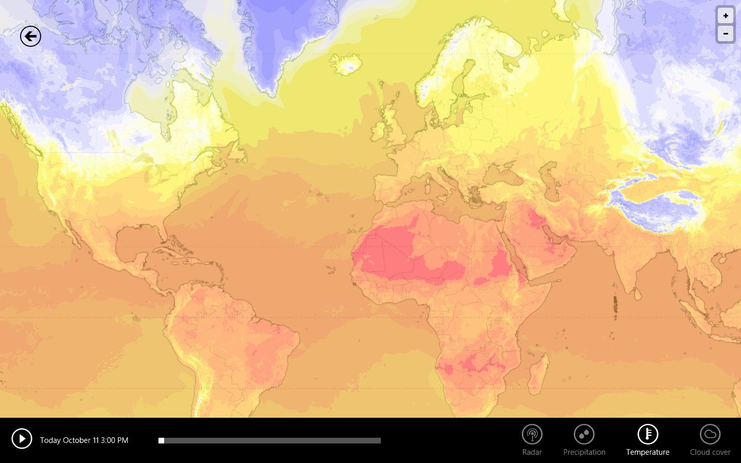 Temperature maps. Zoomable map with player. Displays the temperature evolution of the world 10 days ahead.