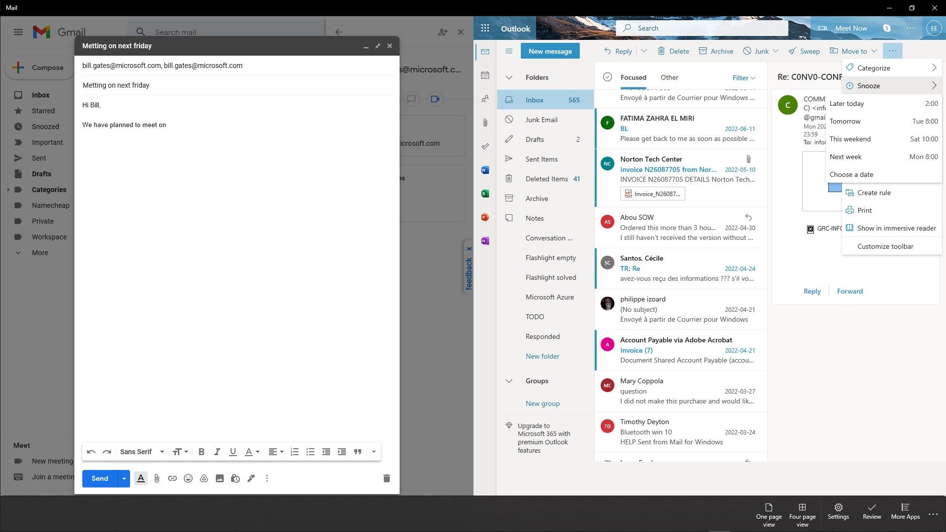 Two page split view mode with Gmail and Outlook accounts parallel