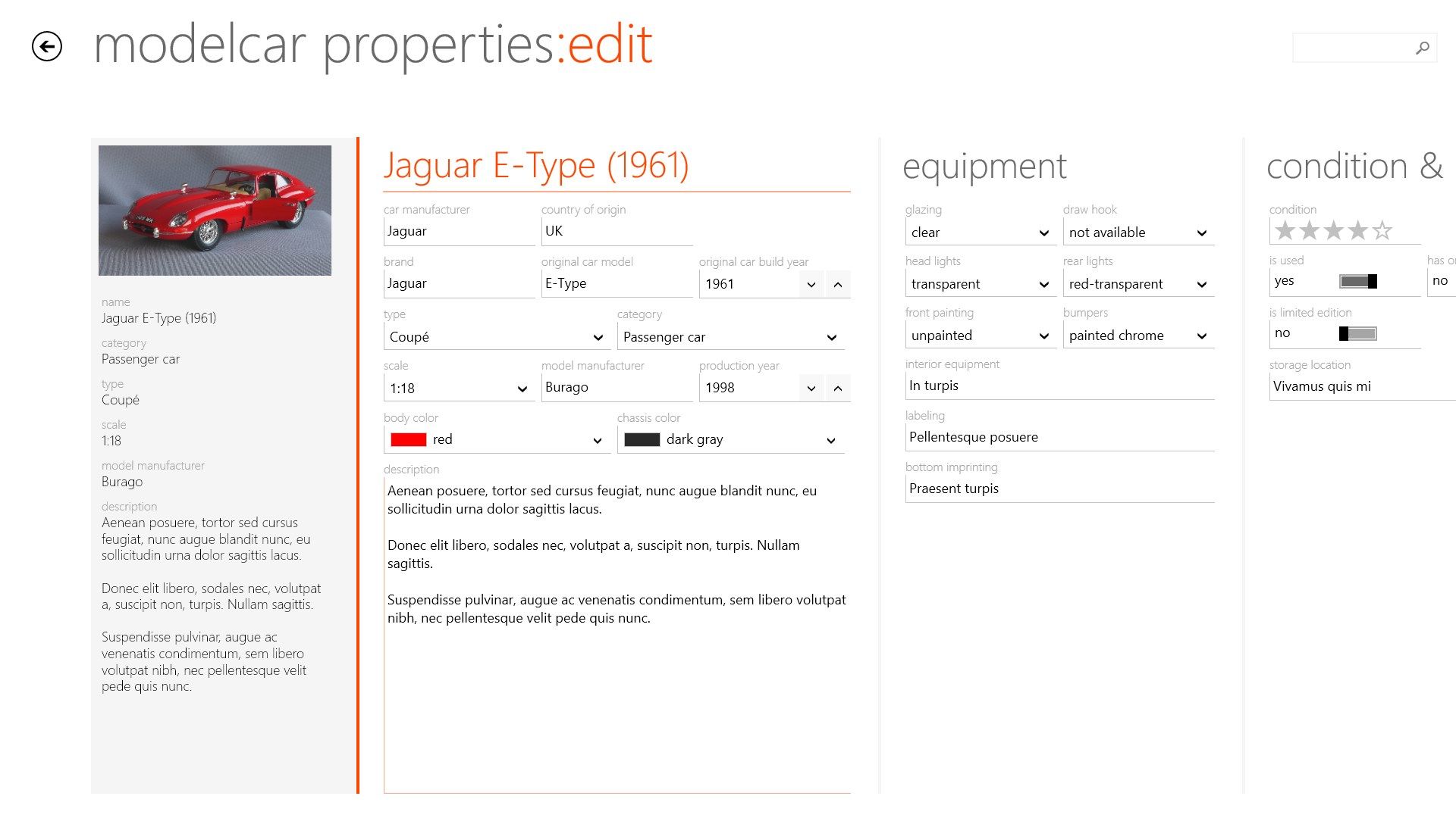 Model-details screen for acquiring and changing its properties