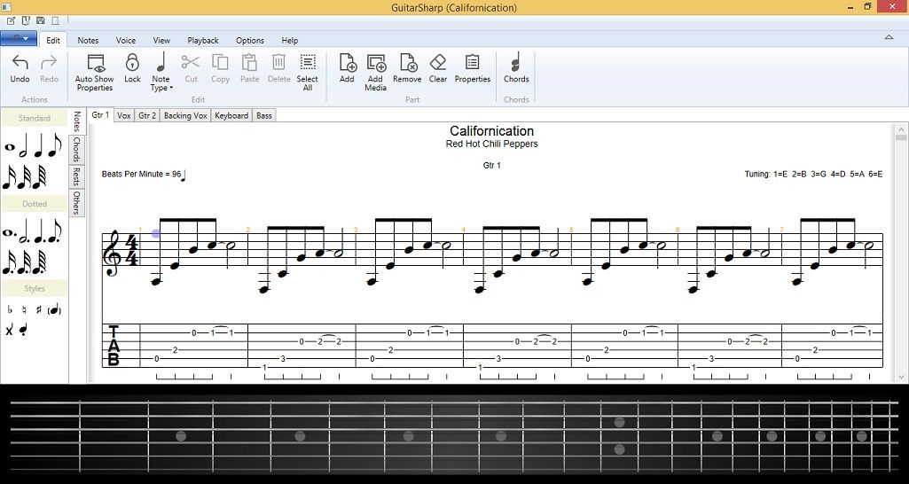Classical and Tablature staves supported