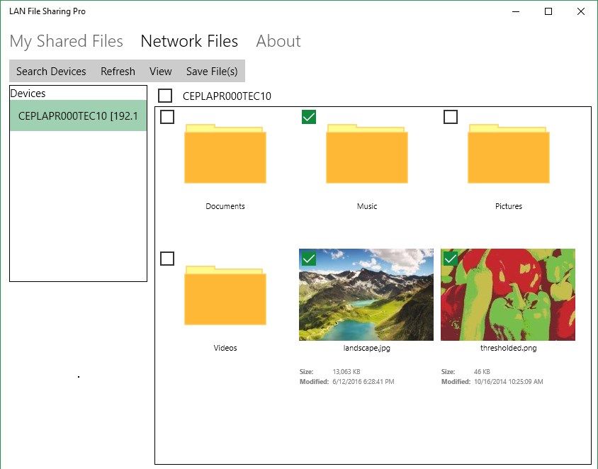 Selecting shared files from other device for saving