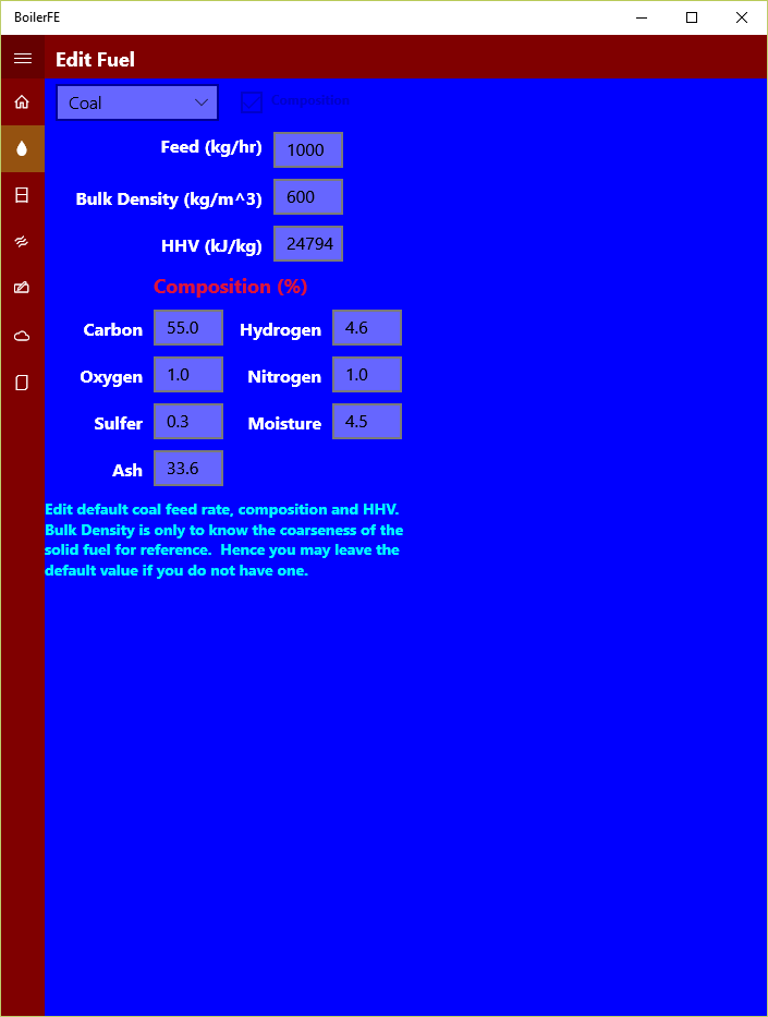 Fuel selection screen with default coal data.  Users can edit its composition and physical properties based on the specific supplier's data.