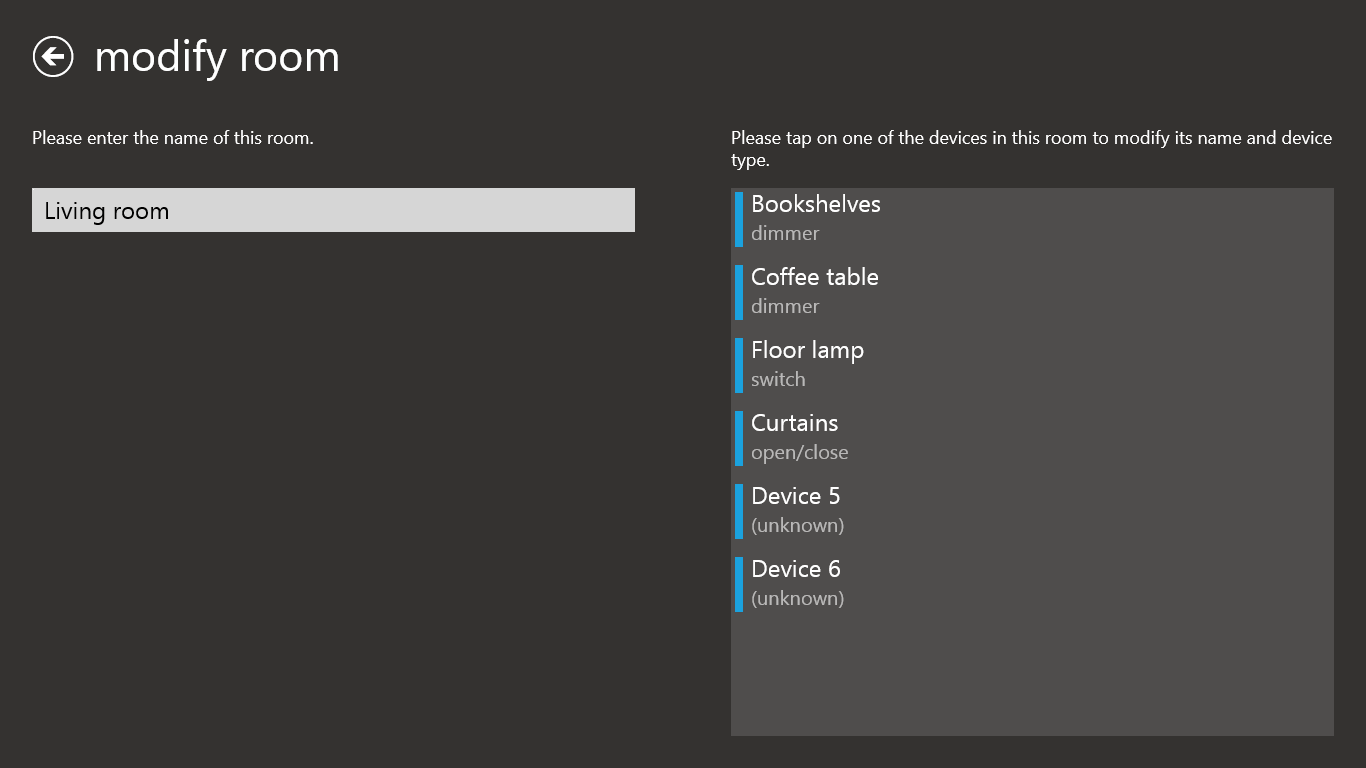 The page for configuring a room and the devices in it