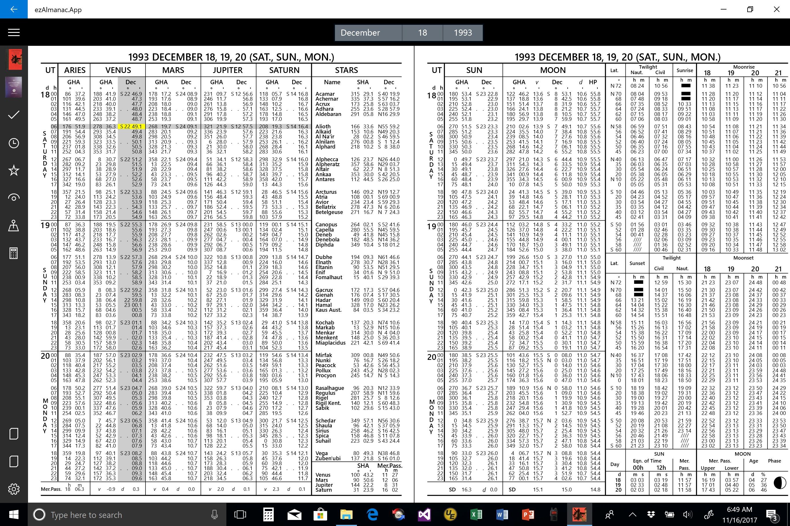 Example Nautical Almanac Daily Page with Highlighting