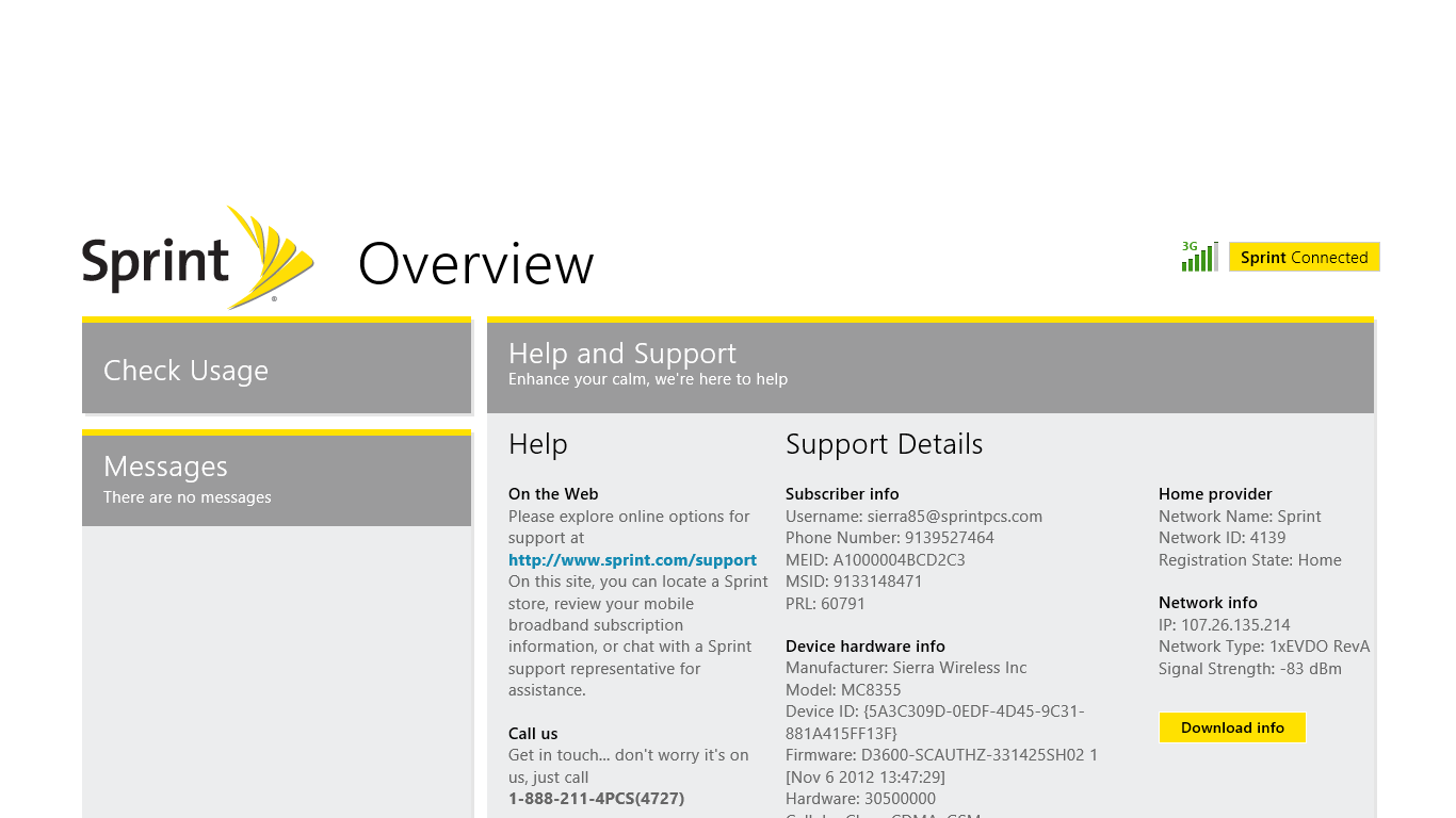 Sprint Connect Overview page providing support information and connection status in the upper right corner.