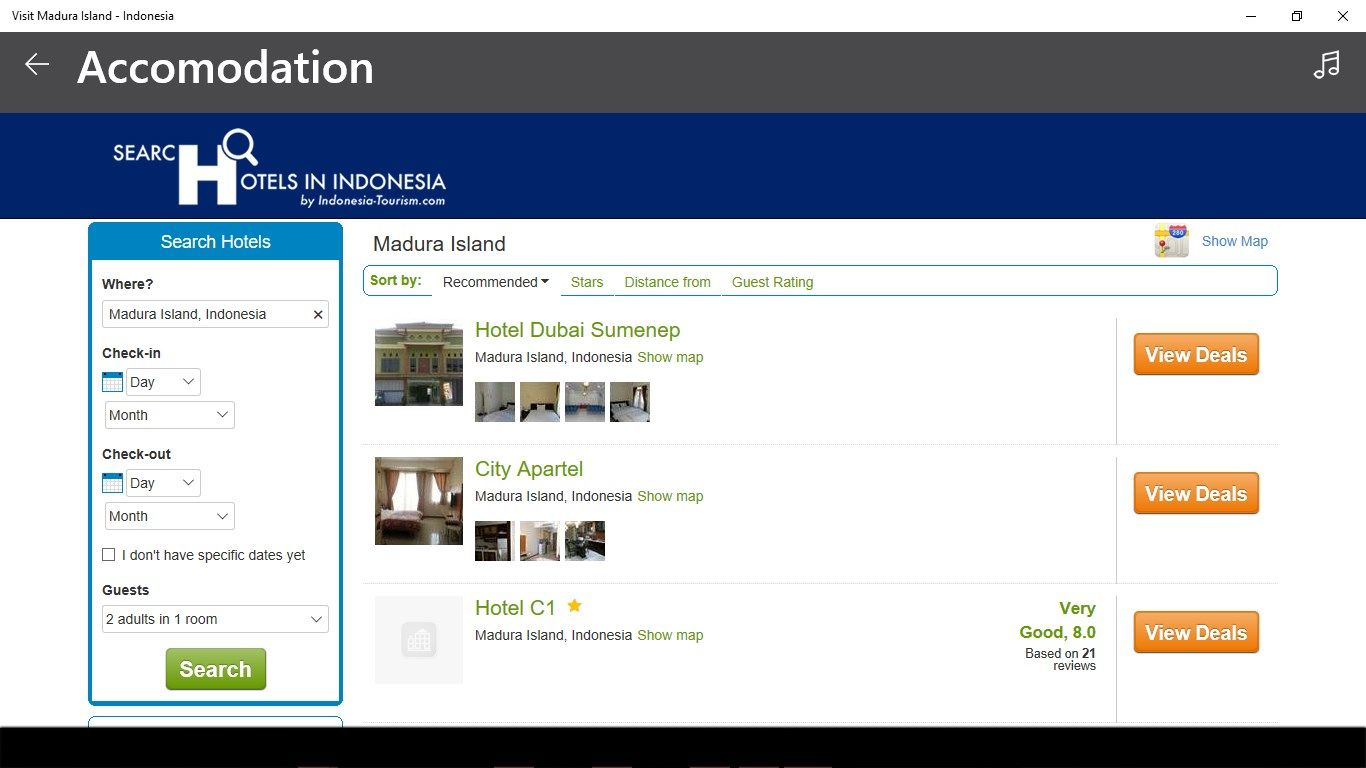 Just find the best stay at Madura from the application. This menu offers the users to reserve tour and travel agent to guide in Madura with cheapest price and good service. This menu also helps to reserve any hotel, and facility to book a hotel, so user will find the hotel easily.