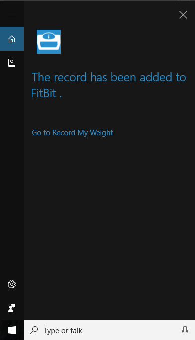 Successful Cortana interaction: recording a weight into Fitbit