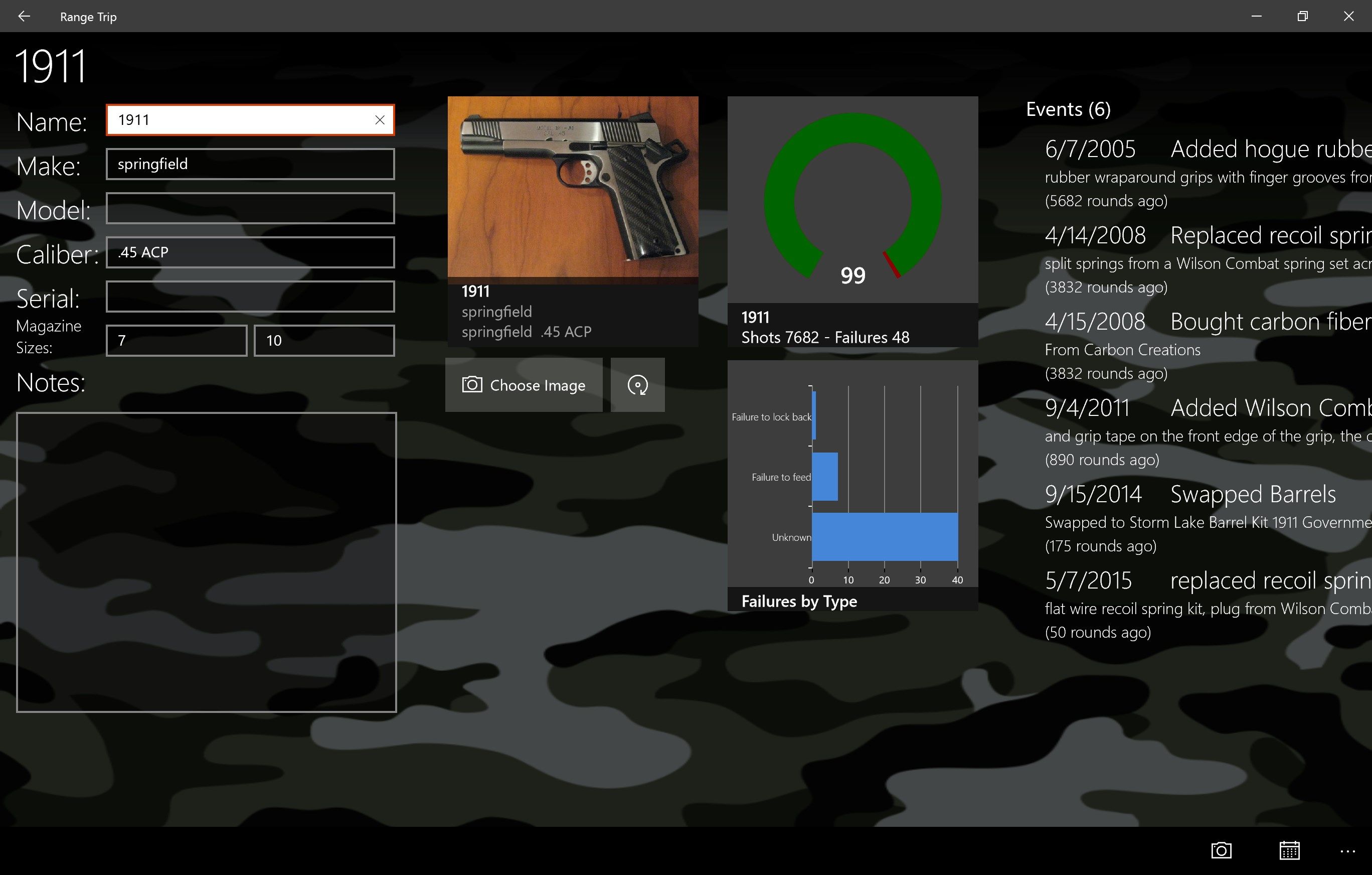 viewing a gun's page.  reliability info, stats, events, and more