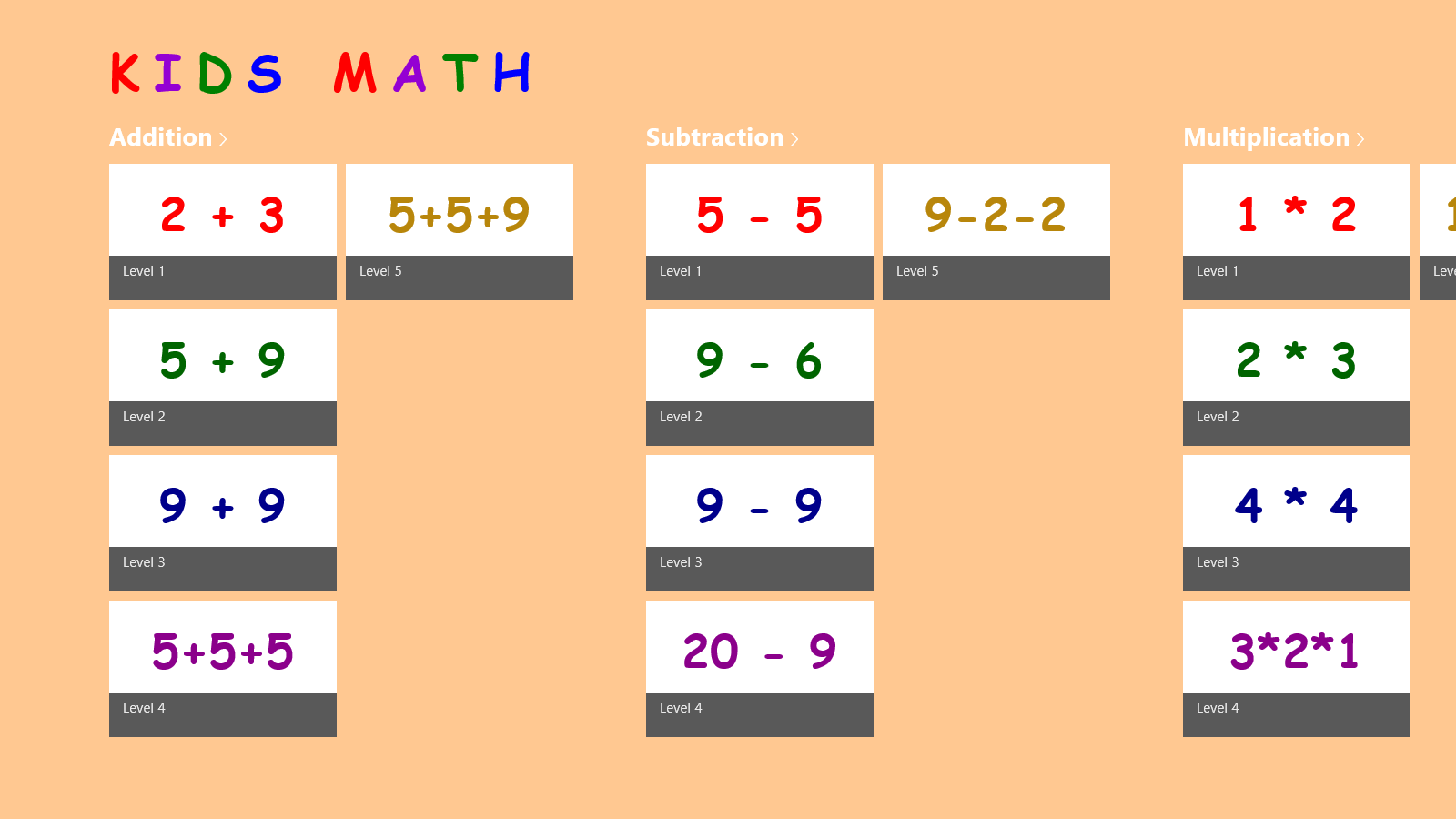 Screen to select math practice