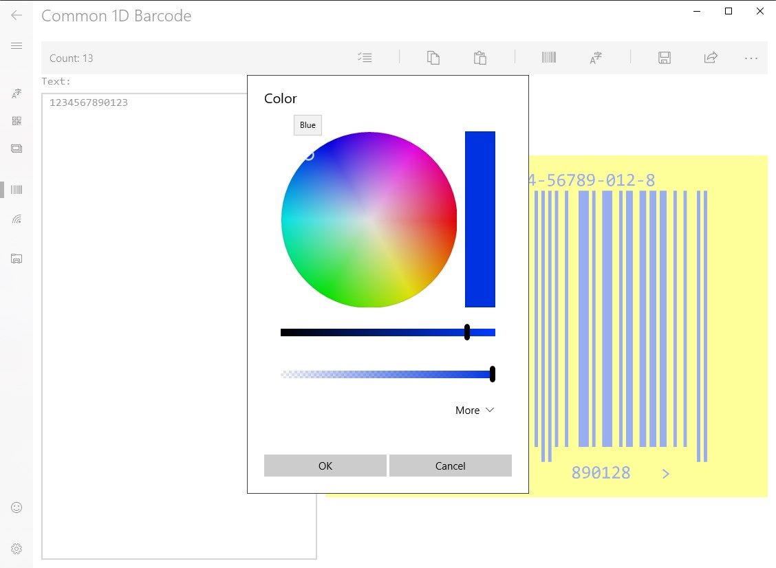 QR Code and 1D Barcode Foreground/Background Color picker dialog
