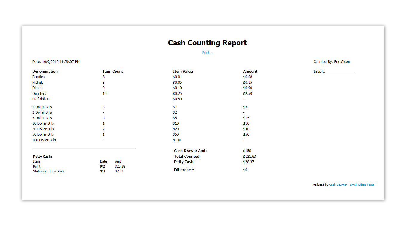 Cash counting report for printing (US English)