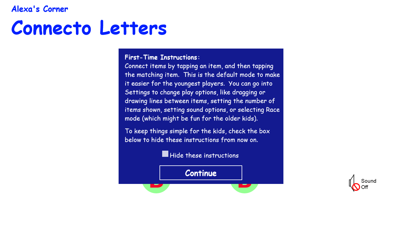 A brief intro gets you started the first time you open Connecto Letters