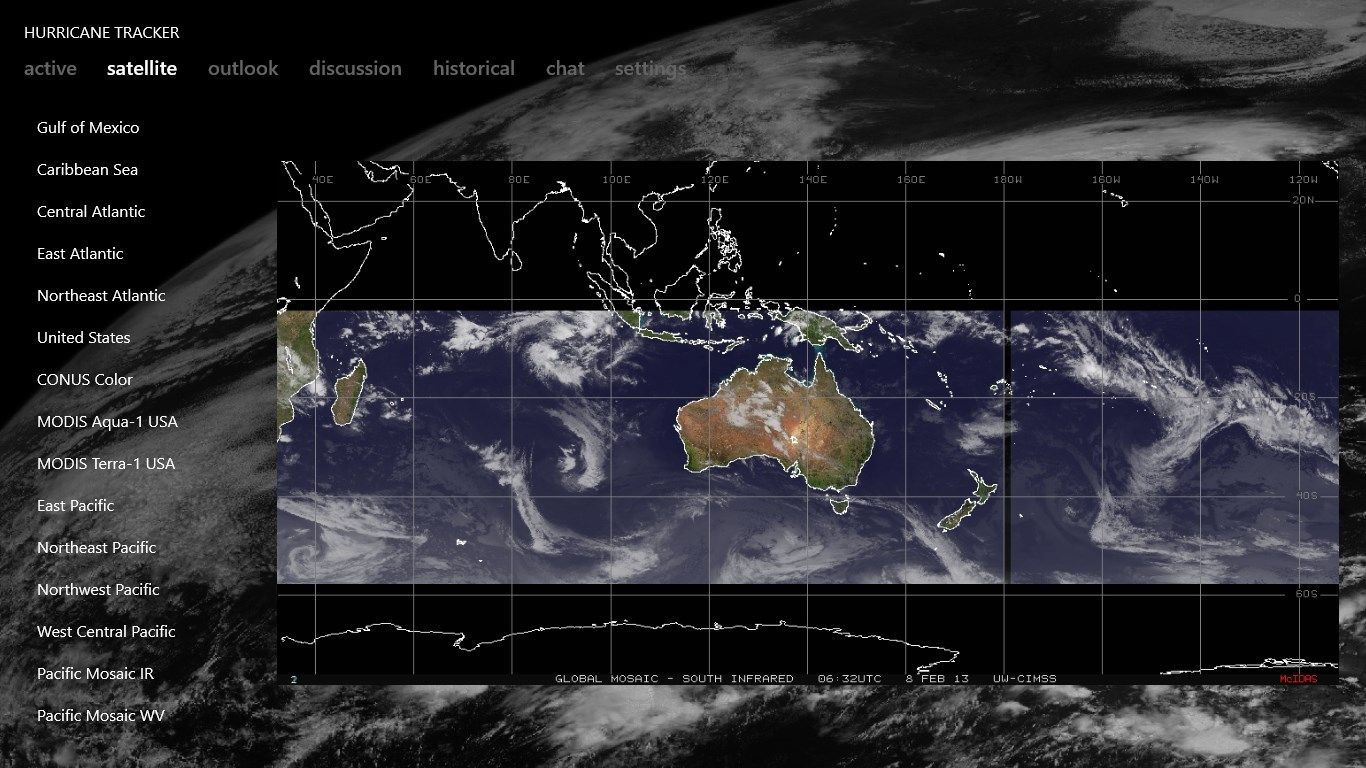Satellite imagery of the southern hemisphere.