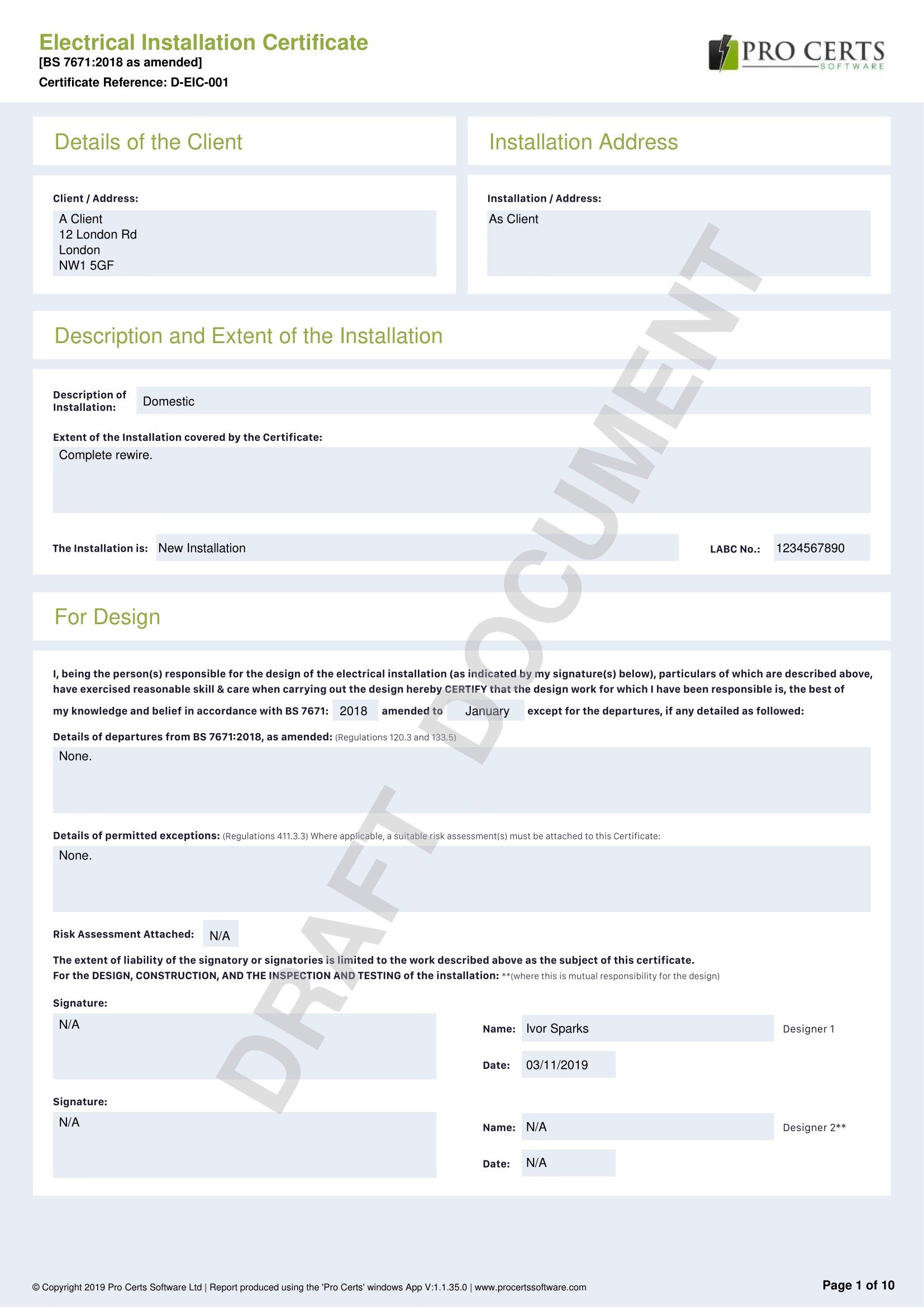 Example PDF electrical installation certificate using the green colour scheme, header text colours and certificate default colours can be changed in settings. The Pro Certs logo is where your own logo will be on every page.