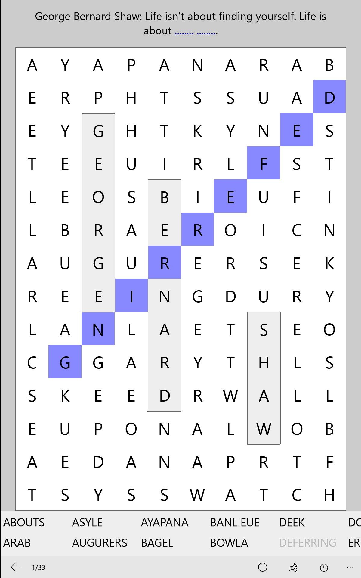 WordFind in the vertical position with light theme