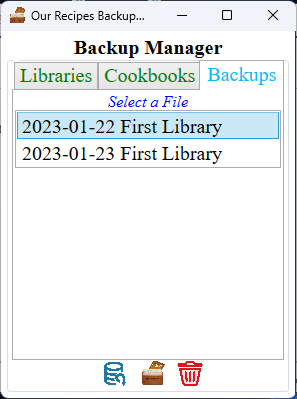 Backup Manager: Backup list for a selected library.