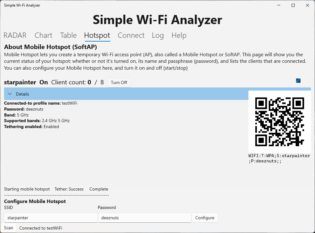Hotspot tab lets you configure and control a mobile hotspot. Tab includes a QR Code and WIFI: URL of the hotspot.