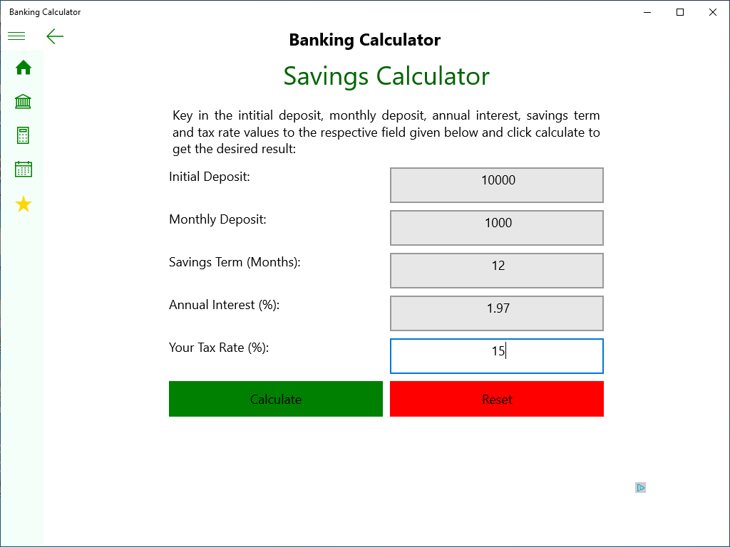 Savings Calculator User Input Screen