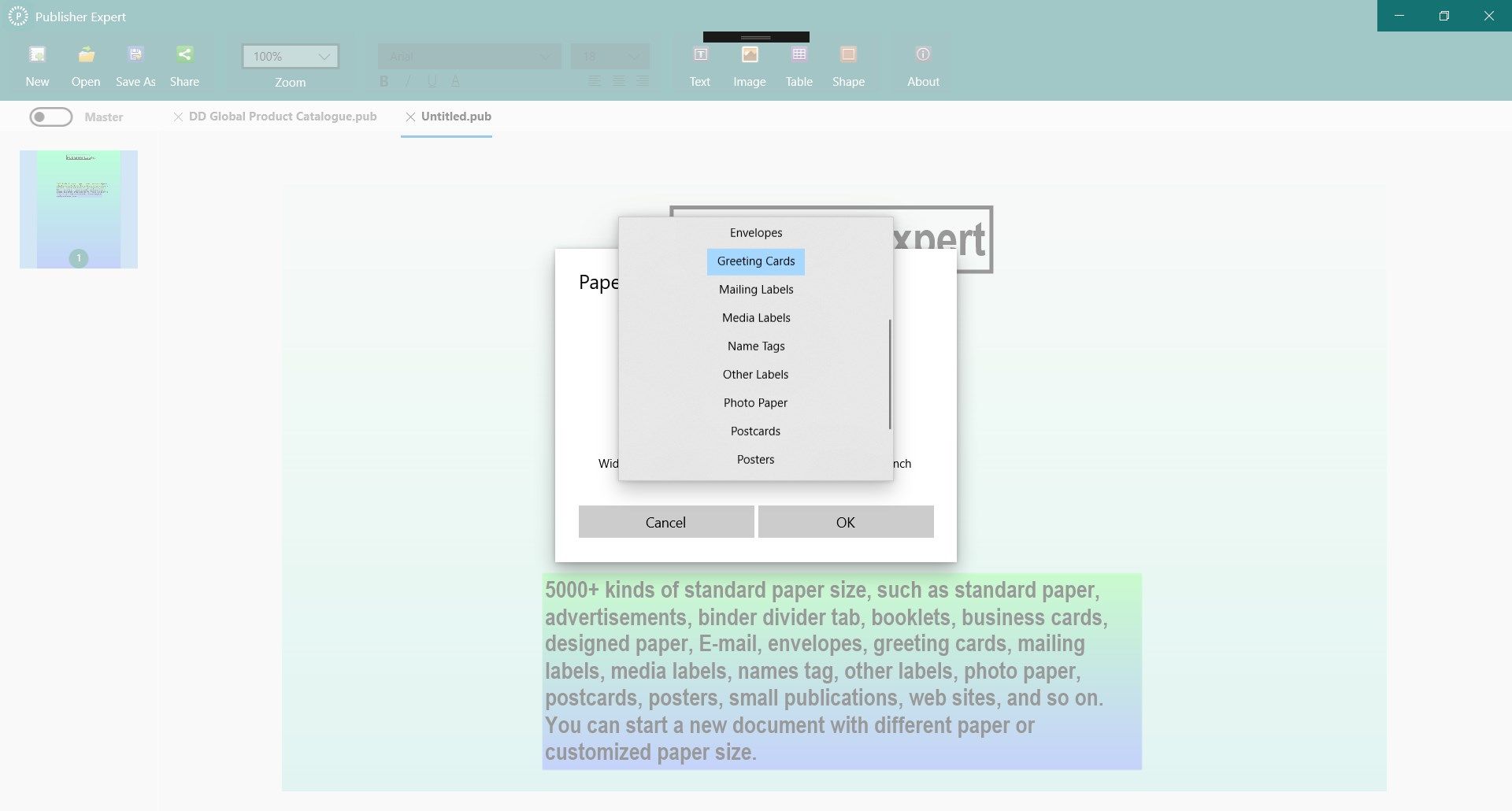 Create new publisher document with 5000+ kinds of paper type