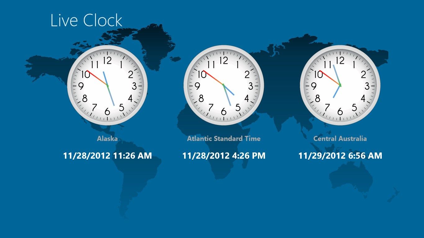 App shows an analog clock, title, digital date and time for each customized time zone.