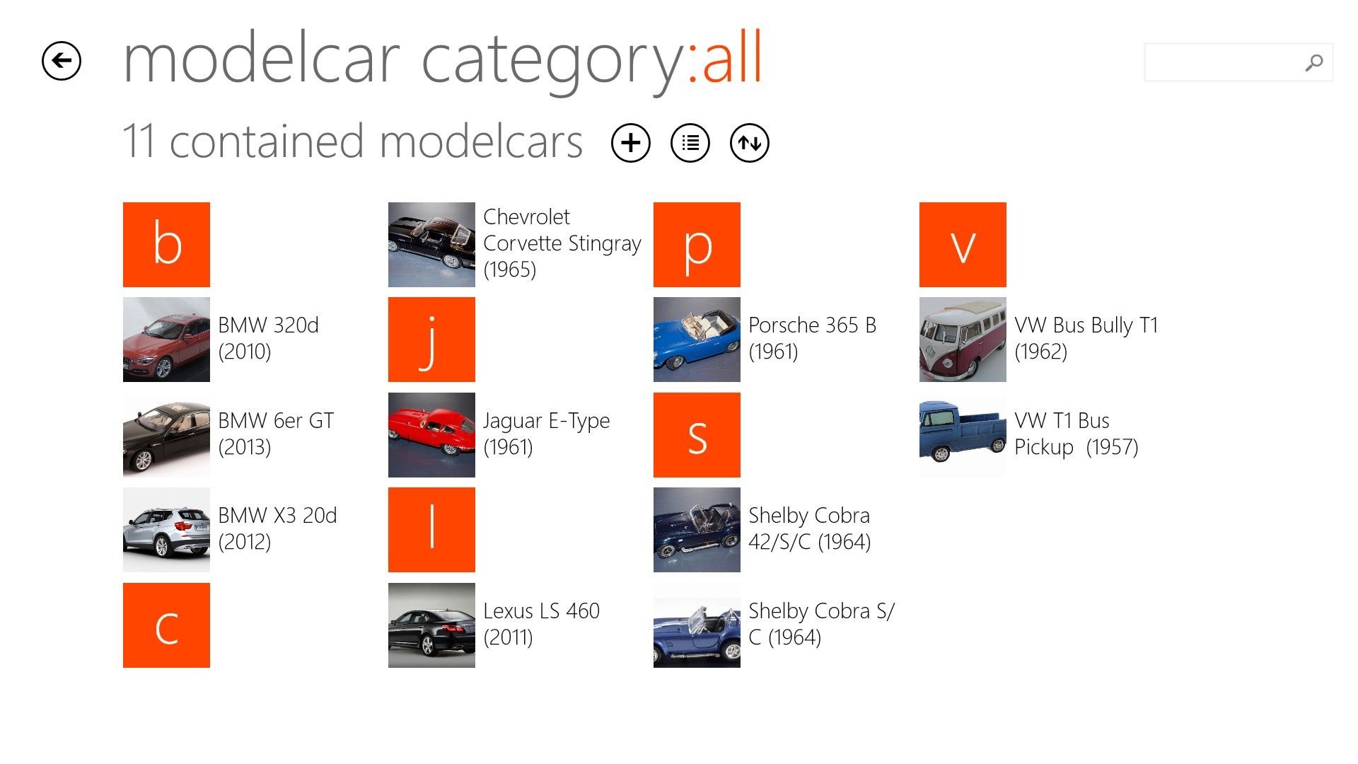 Overview of the model car category "all"
